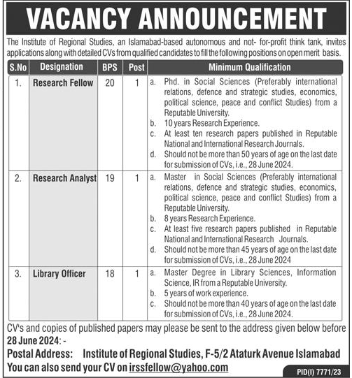 BPS-18 to BPS-20 Vacancies in The Institute of Regional Studies