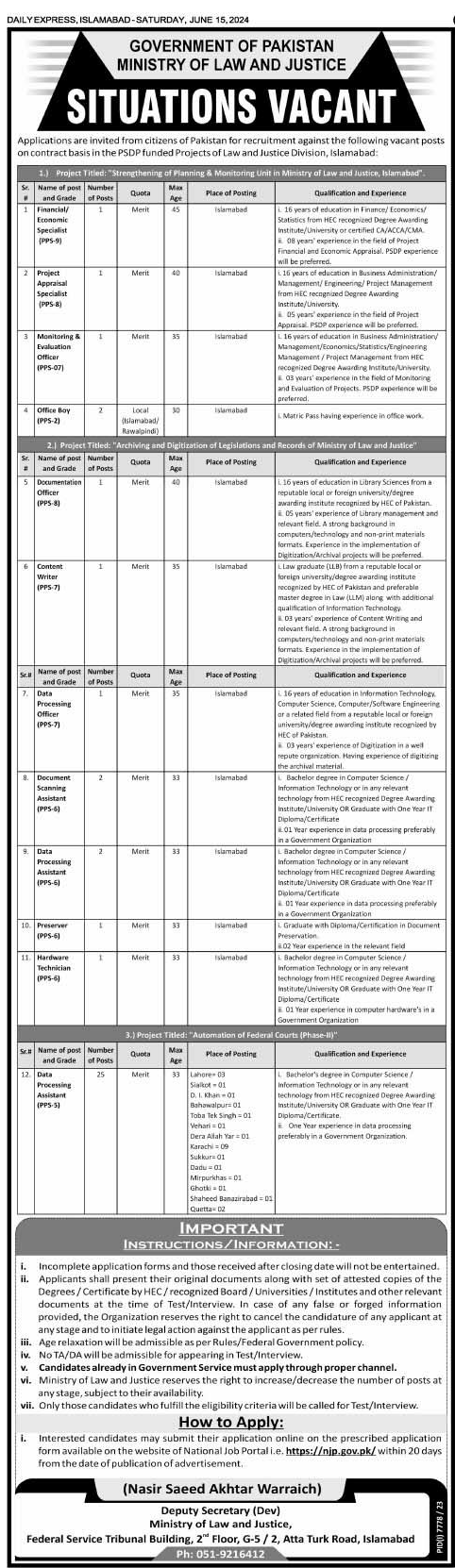 Federal Govt Vacancies PPS-02 to PPS-09 in MoLJ