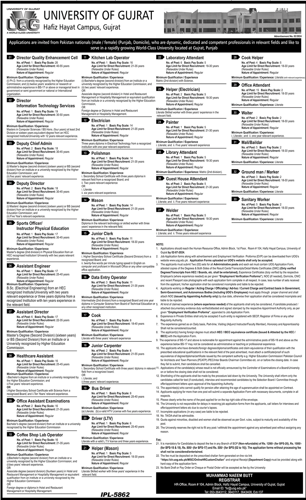 Non-Teaching Vacancies in University of Gujrat 2024