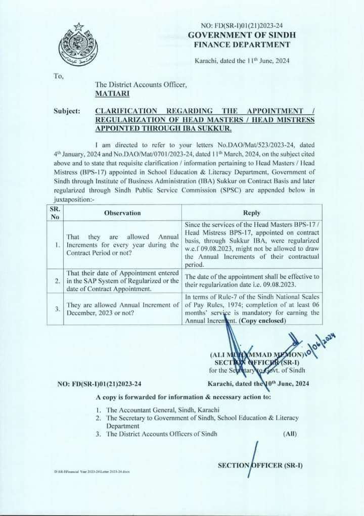 Notification Clarification Regarding Appointment Regularization Headmasters Headmistress Appointed through IBA Sukkur