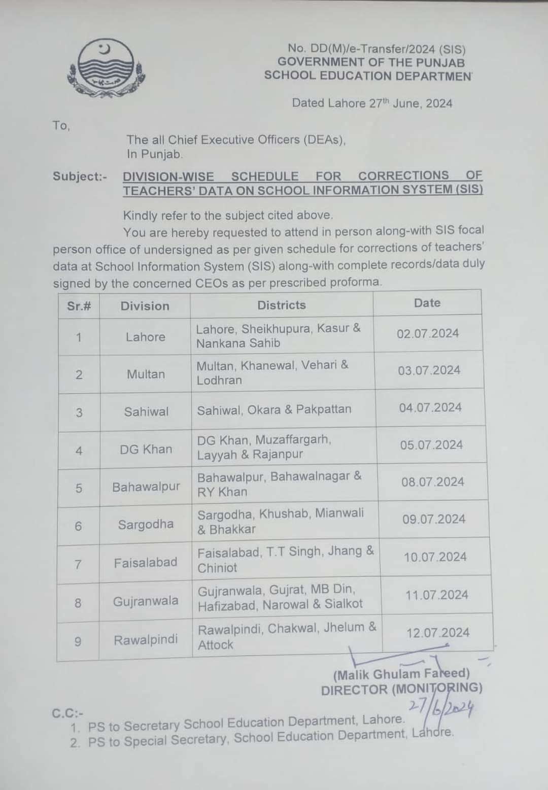 Notification Division Wise Schedule for Correction of Teachers Data on SIS