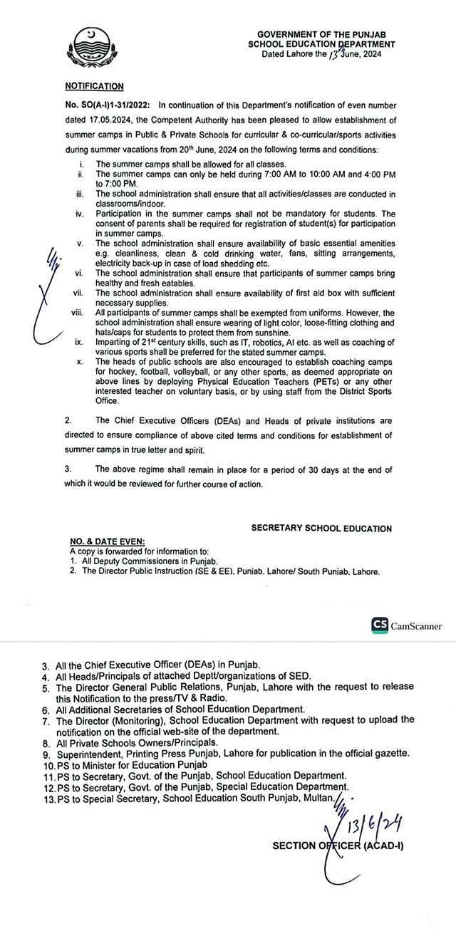 Notification Summer Camps 2024 in Public and Private Schools Punjab