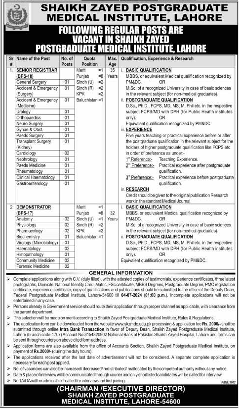Regular Based Sheikh Zayed PMI Lahore Vacancies 2024