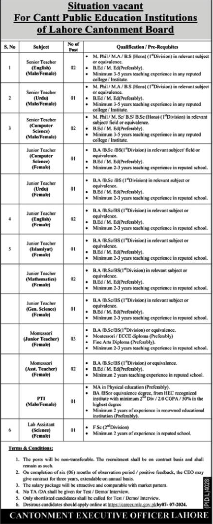 Senior and Junior Teachers Vacancies 2024 in CPEI of LCB