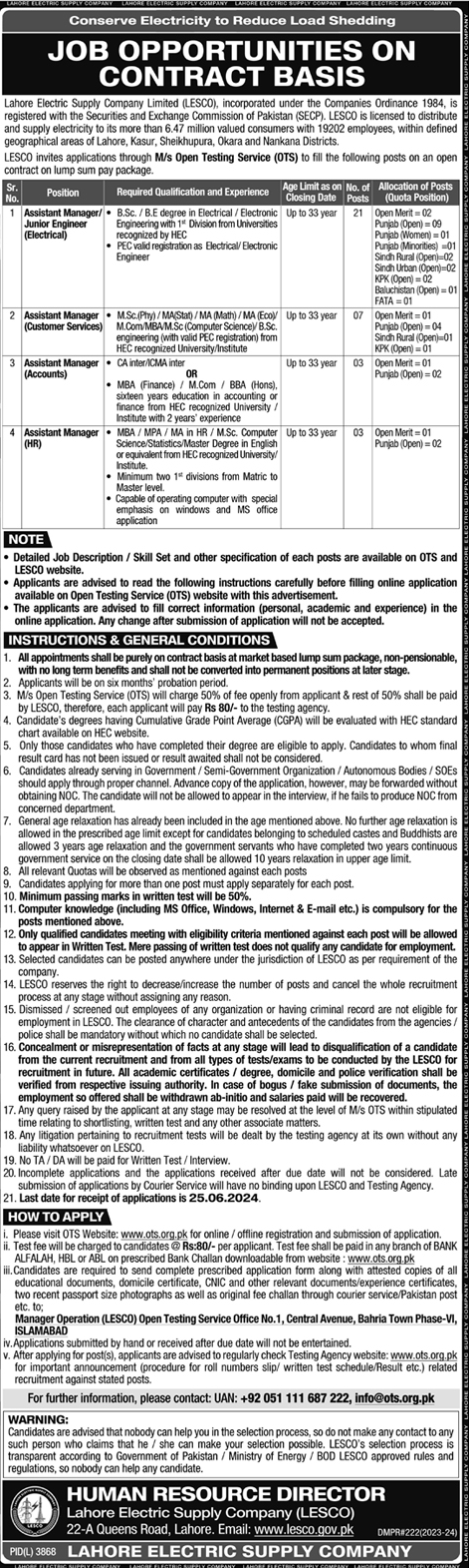 The Latest LESCO Vacancies 2024