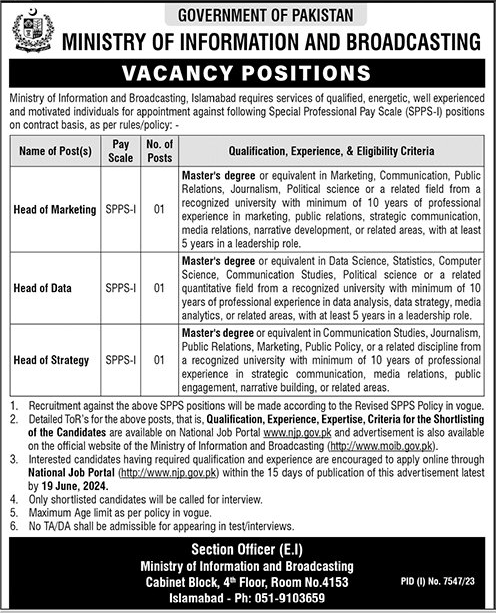 The Latest SPPS-I Ministry of Information and Broadcasting Jobs June 2024