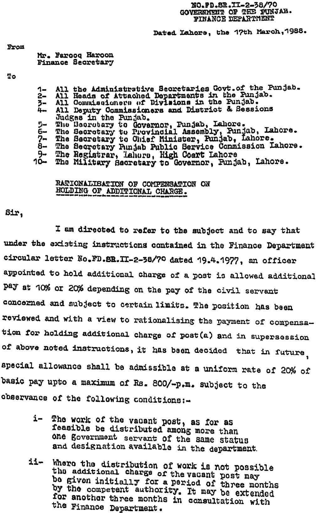 Additional Charge Allowance Rates and Assignment of Additional Charge of a Post