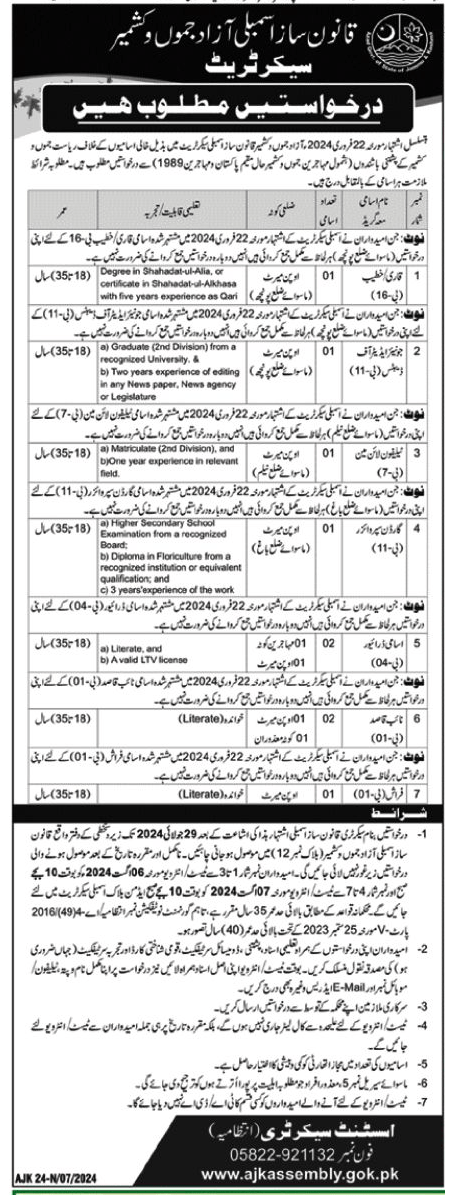 BPS-01 to BPS-16 Vacancies in Qanoon Saaz Assembly AJK 2024