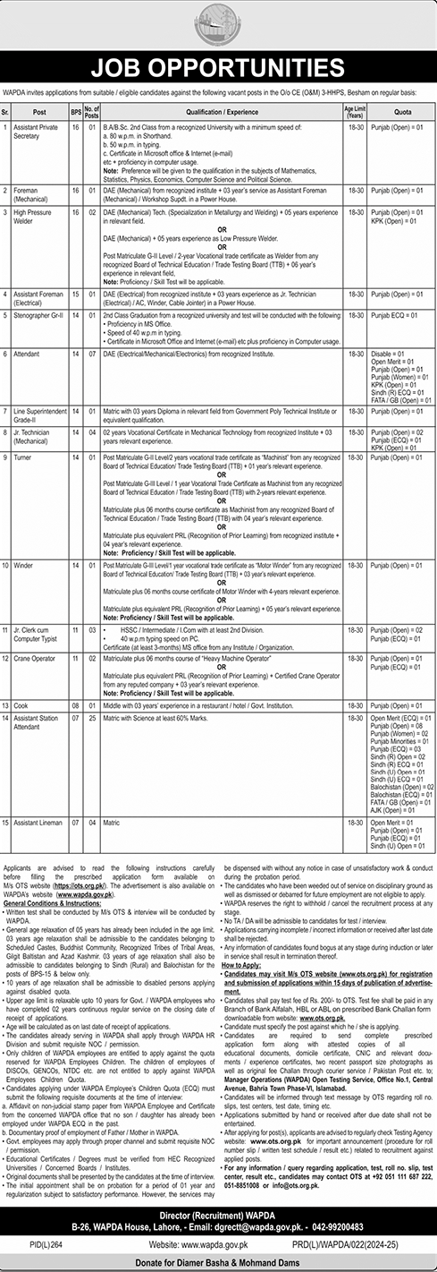 BPS-07 to BPS-16 Vacancies in WAPDA 2024