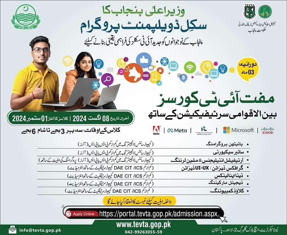 CM Punjab Skill Development Program Free IT Courses 2024