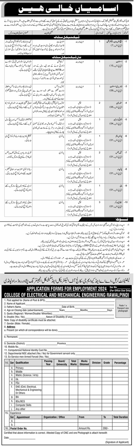 College of EME Permanent Vacancies BPS-01 to BPS-15 July 2024