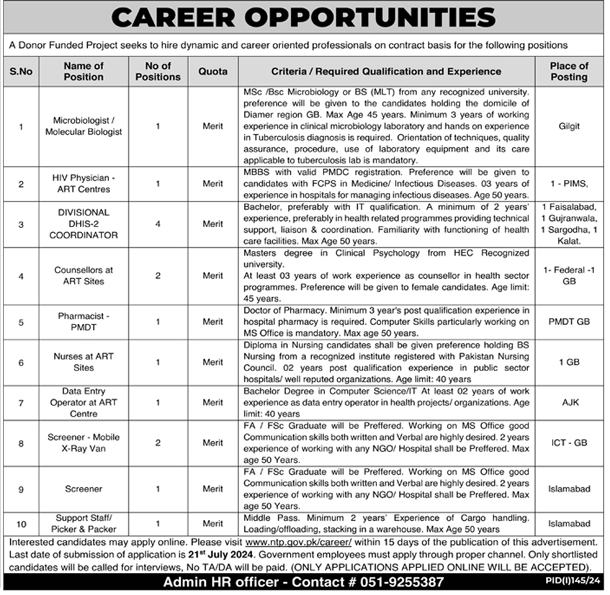 Donor Funded Project Vacancies on Contract Basis July 2024