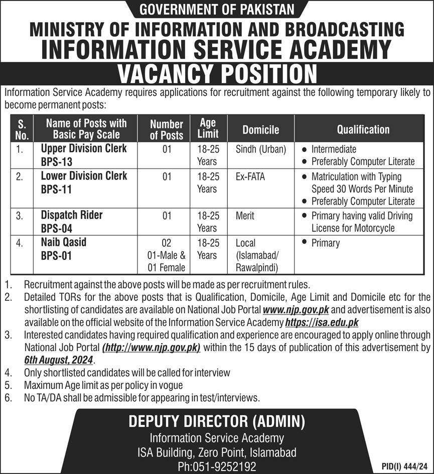 ISA Ministry of Information and Broadcasting Vacancies 2024