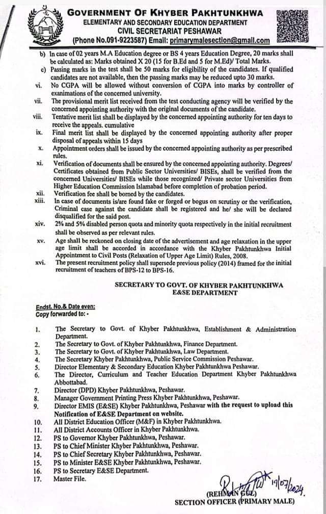 New Selection Criteria KPK Teachers 2204
