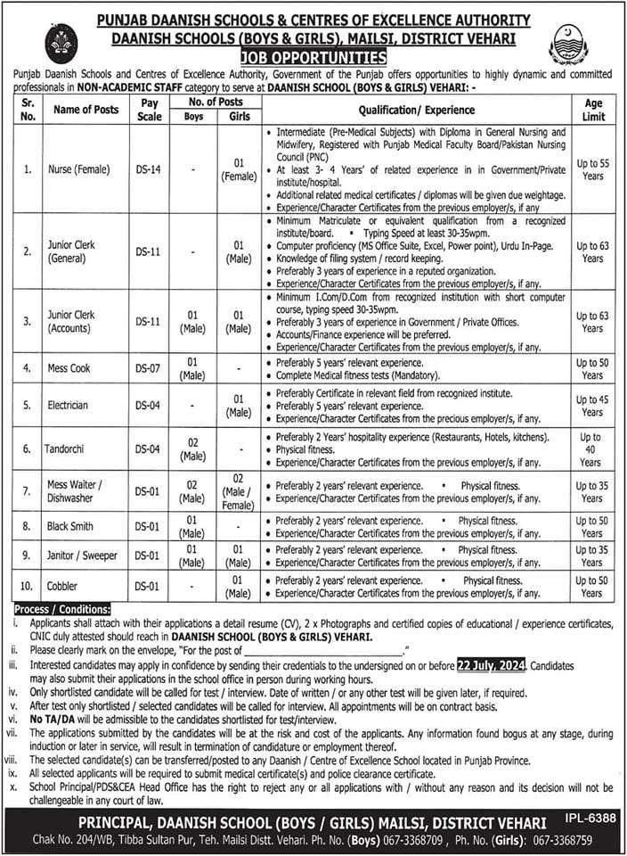 Non-Teaching jobs at Punjab Danish Schools 2024 Vehari