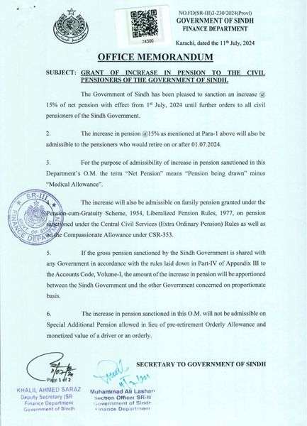 Pension Increase 2024 Sindh Pensioners @ 15%