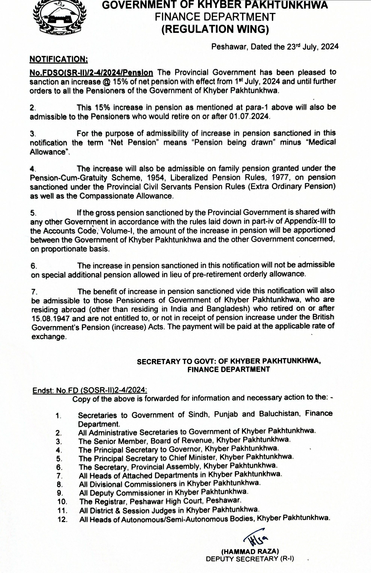 Notification Pension Increase 2024 KP Pensioners