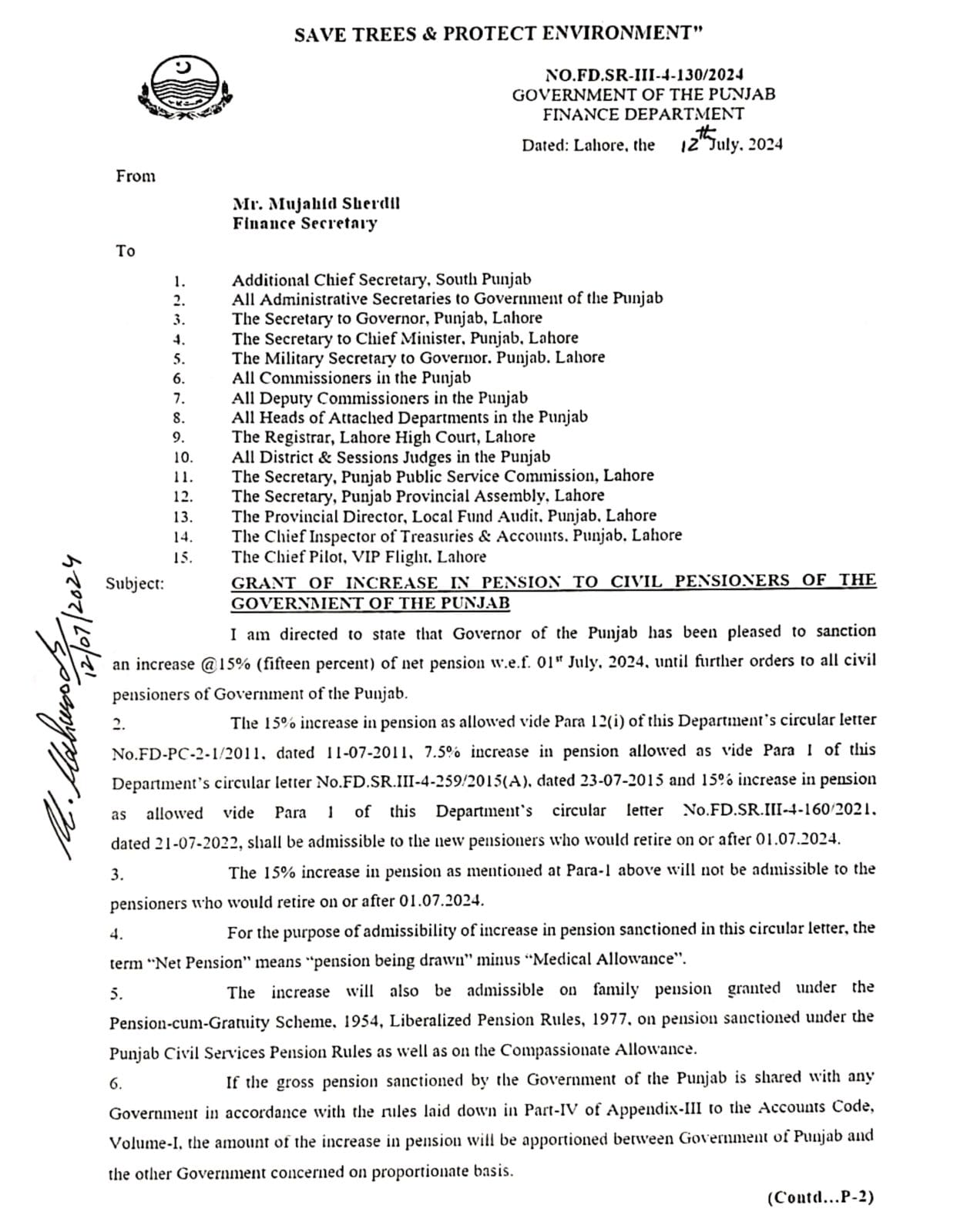 Notification Pension Increase 2024 Punjab Pensioners