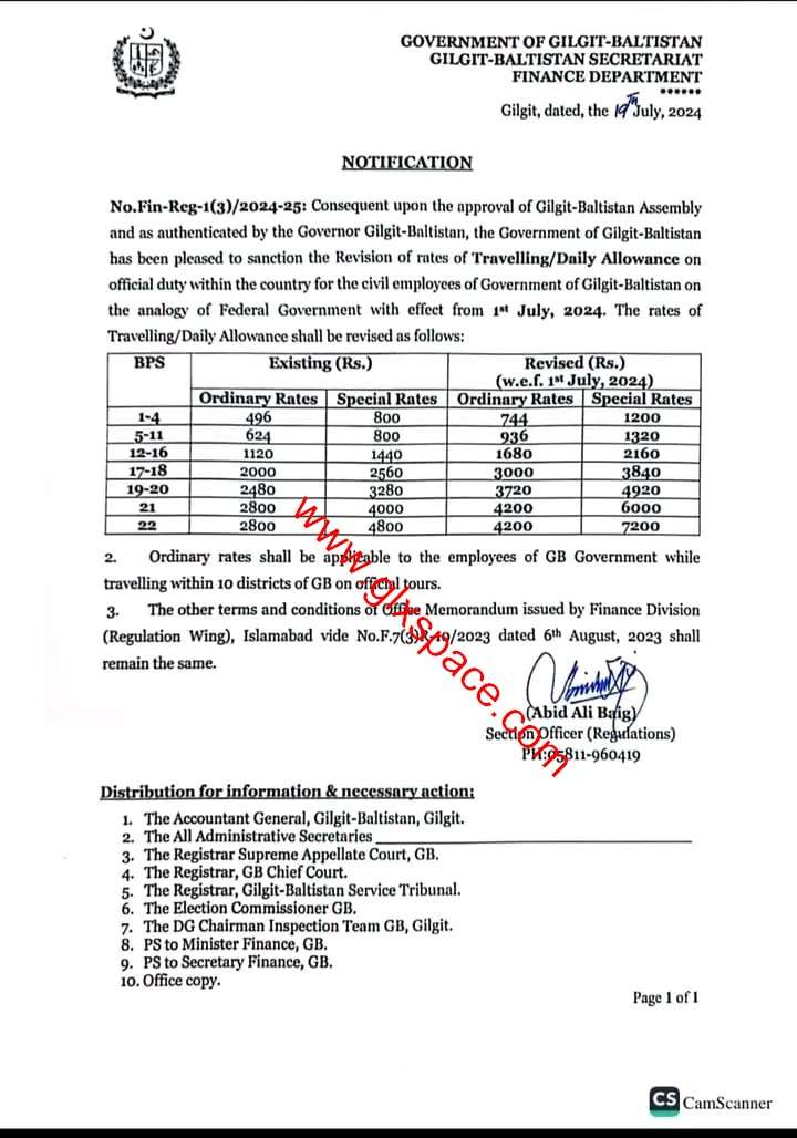 Revised Rates of Travelling Allowance Daily Allowance 2024 (TADA) GB