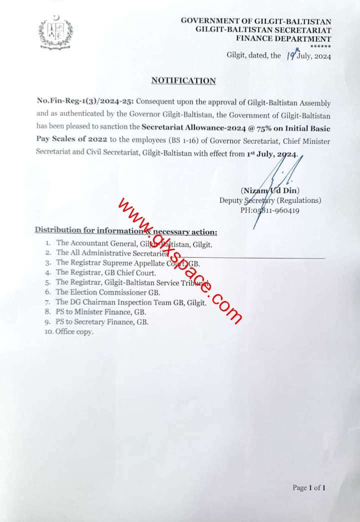 Secretariat Allowance 2024 GB @ 75% of Basic Pay of Pay Scales 2022