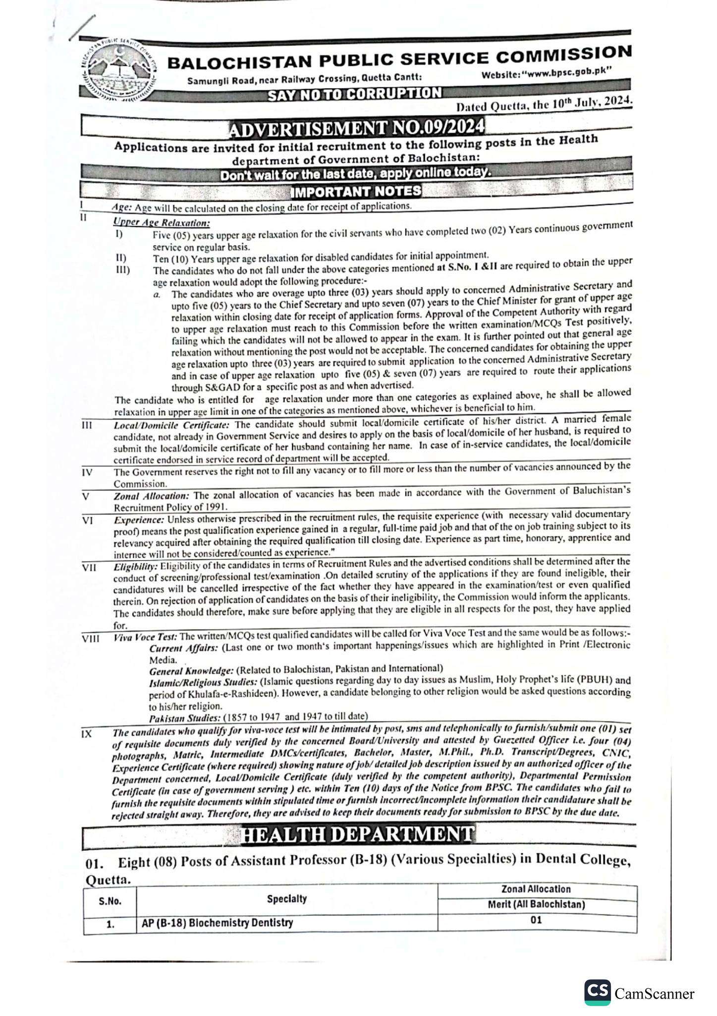 The Latest BPSC Health Department Vacancies July 2024