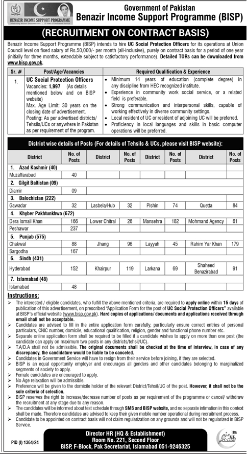 1997 UC Social Protection Officers Vacancies 2024 in BISP
