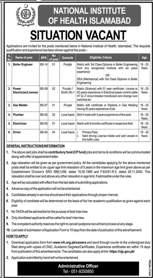 Contributory Fund (CP Fund) NIH Islamabad Vacancies 2024