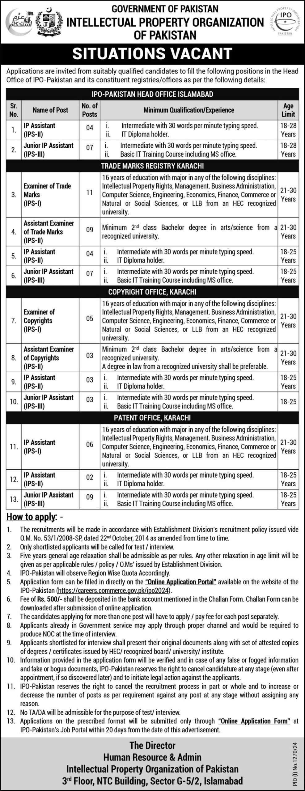 Federal Government Vacancies in IPO Pakistan 2024