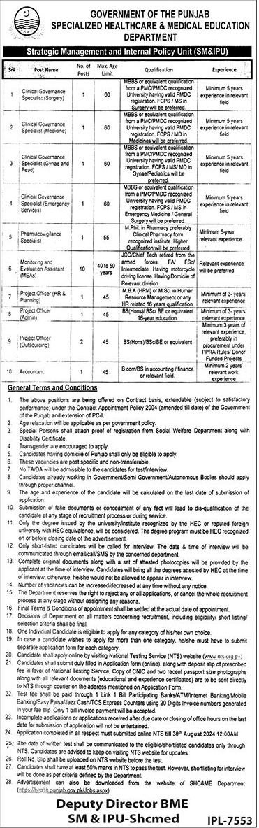 Health Department Punjab Vacancies Aug 2024