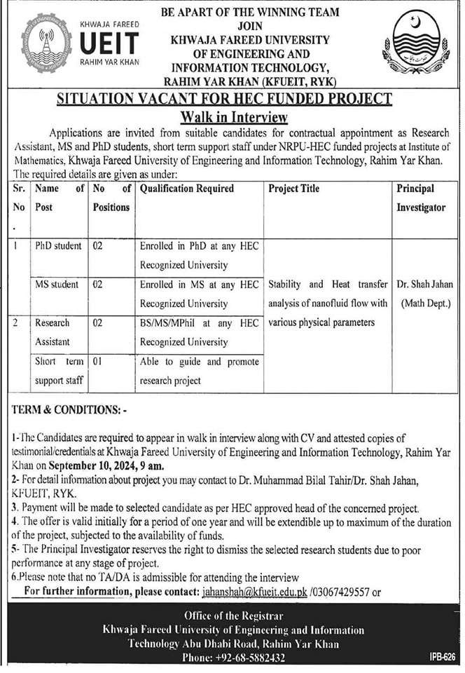 Khwaja Fareed UEIT HEC Funded Vacancies 2024