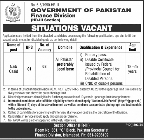 Naib Qasids (BPS-01) Vacancies 2024 in Finance Division