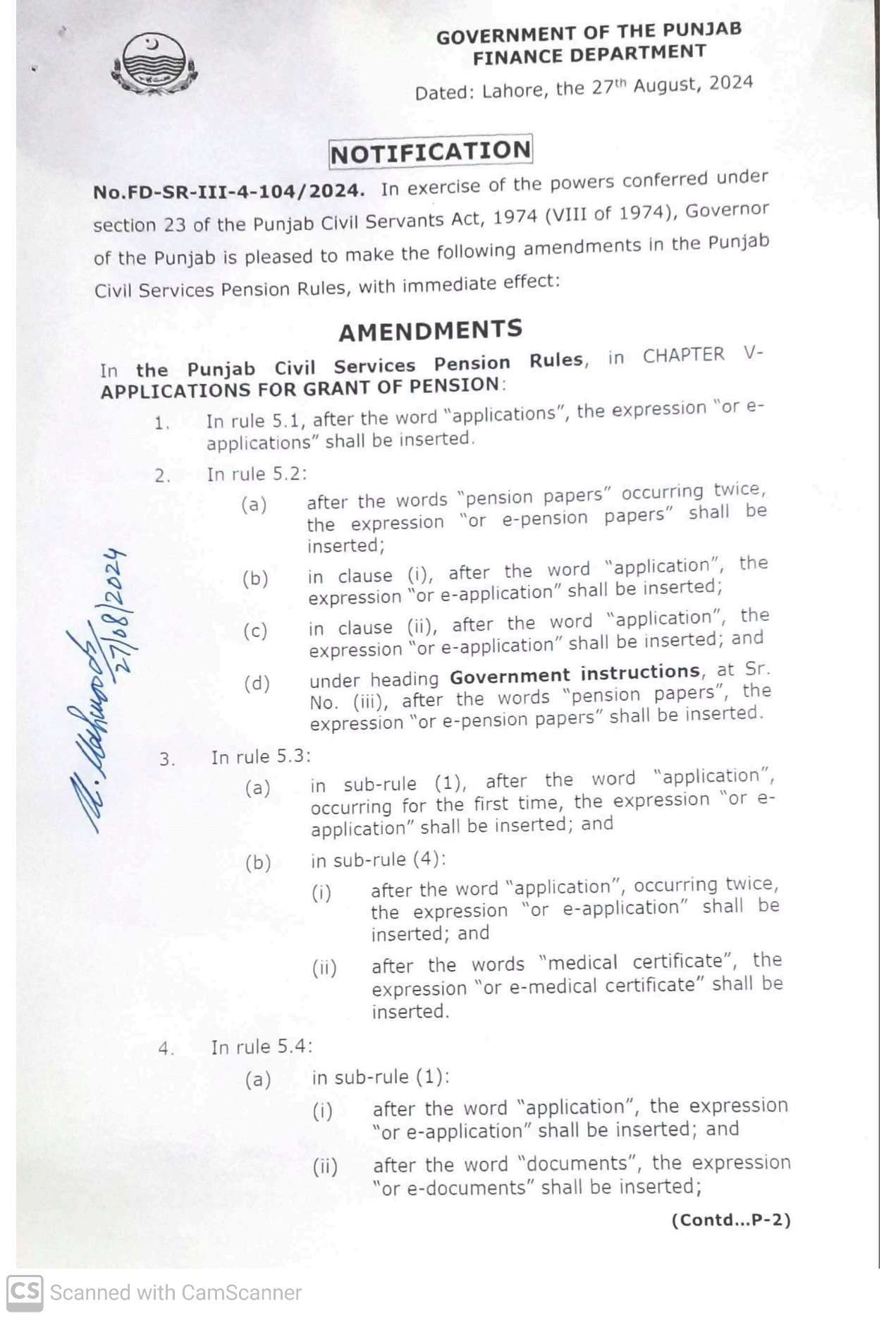 Notification Amendments Pension Rules Punjab wef 27 Aug 2024