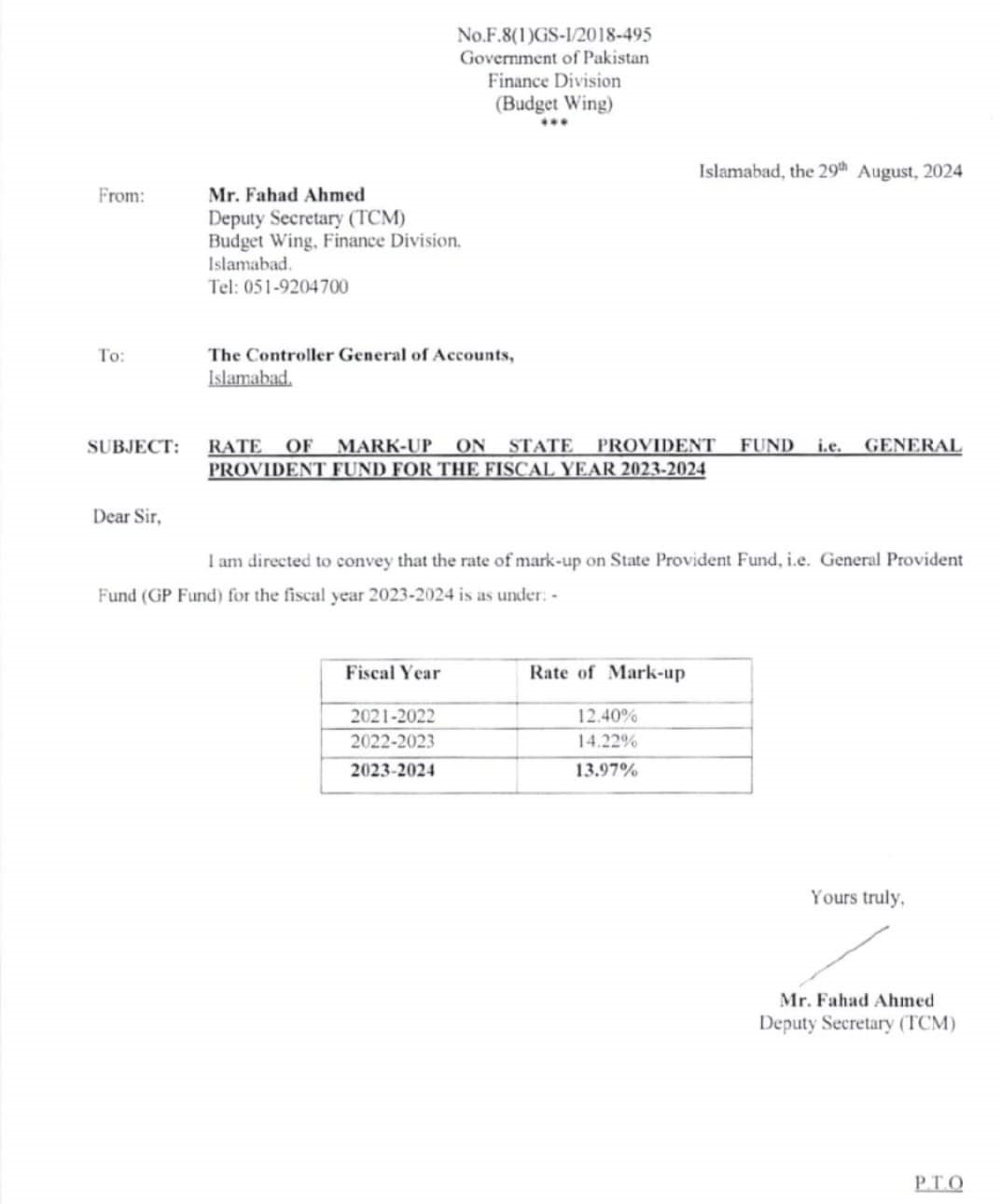 Notification GP Fund Mark-Up Rates (Interest Rates) 2023-24 Federal