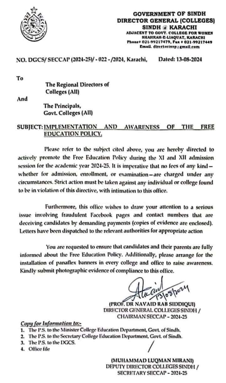 Notification Implementing and Awareness of the Free Education Policy in Colleges Sindh