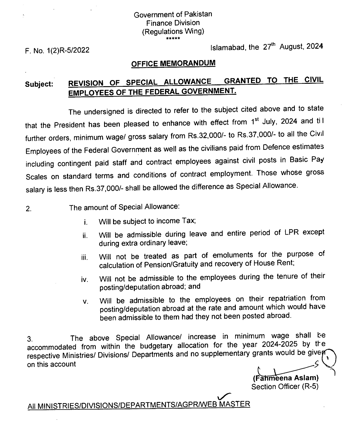 Notification Revision Special Allowance 2024 Federal Govt Employees
