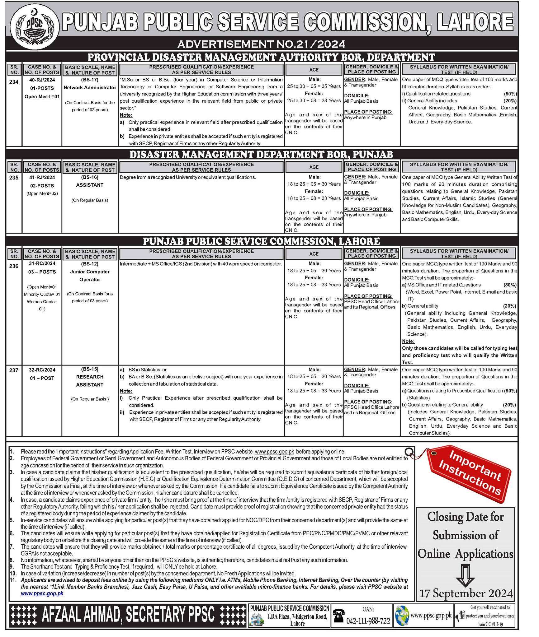 Punjab Govt Jobs through PPSC Ad No. 21 / 2024