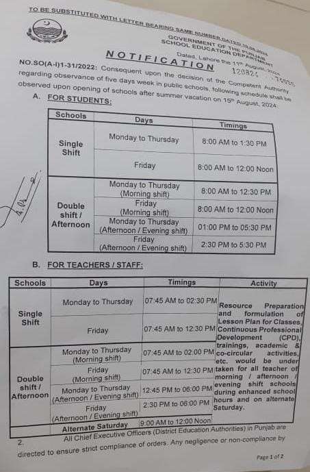 Revised School Timings Including Saturday Holiday in Punjab 2024
