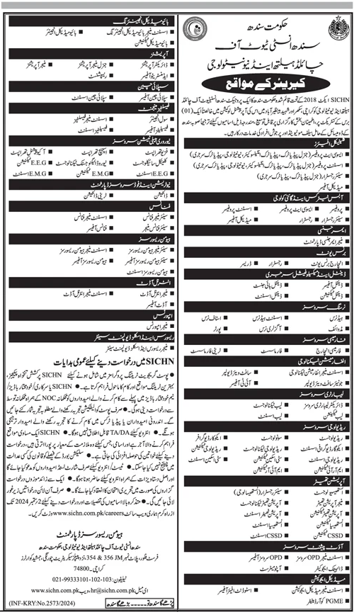 Sindh Govt Vacancies in SICHN 2024 on Contract Basis