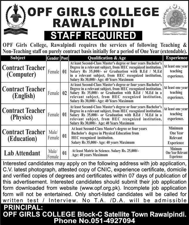Teaching and NTS Vacancies in OPF Girls College Rawalpindi 2024