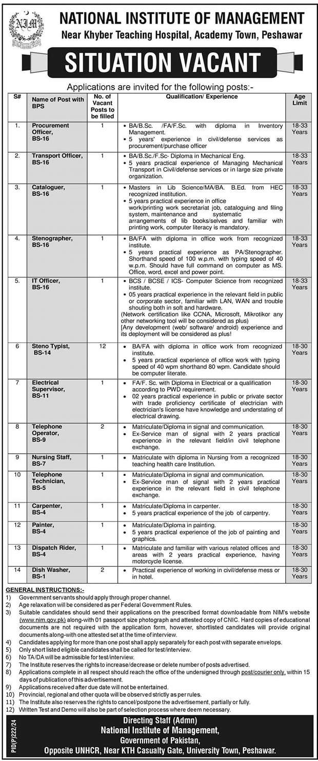 The Latest NIM BPS-01 to BPS-16 Vacancies 2024