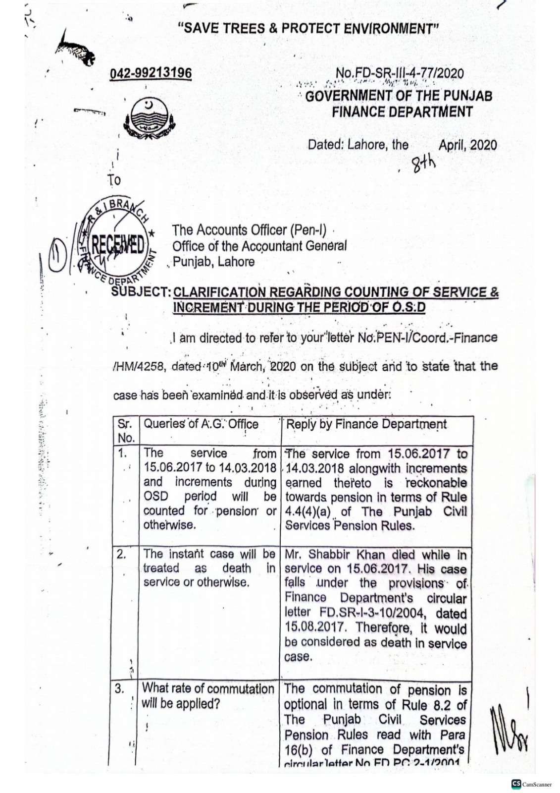 Notification Inclusion of Annual Increments for Pension Earned by Family Against OSD Post