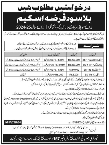 Applications for Interest Free Loan HBA, MCA and Cycle Advance KPK Employees 2024