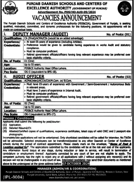 Punjab Danish Schools Jobs for Audit Officer and Deputy Manager 2024 