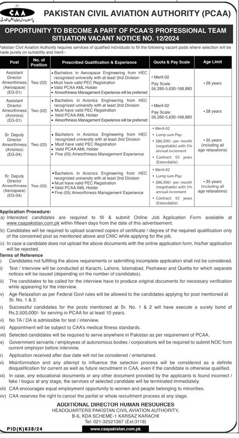 Pakistan Civil Aviation Authority (PCAA) Job Vacancies Sep 2024
