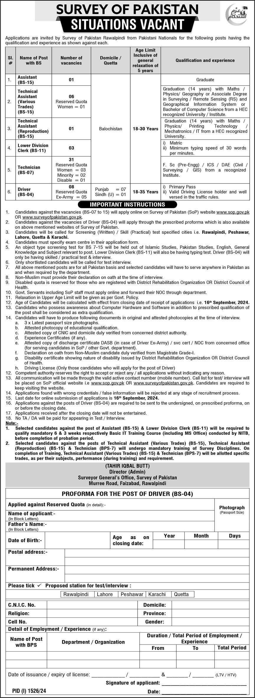 Survey of Pakistan BPS-04 to BPS-15 Vacancies 2024