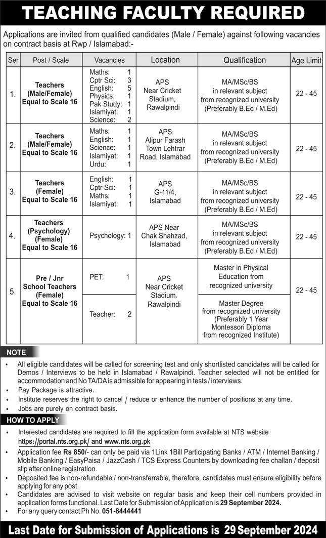 Teaching Jobs in Rawalpindi Islamabad Army Public School 2024