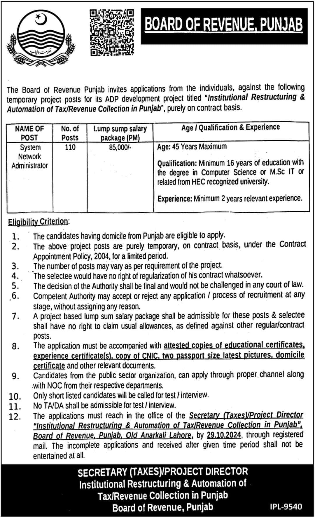 110 Vacancies of System Network Administrator BOR Punjab 2024