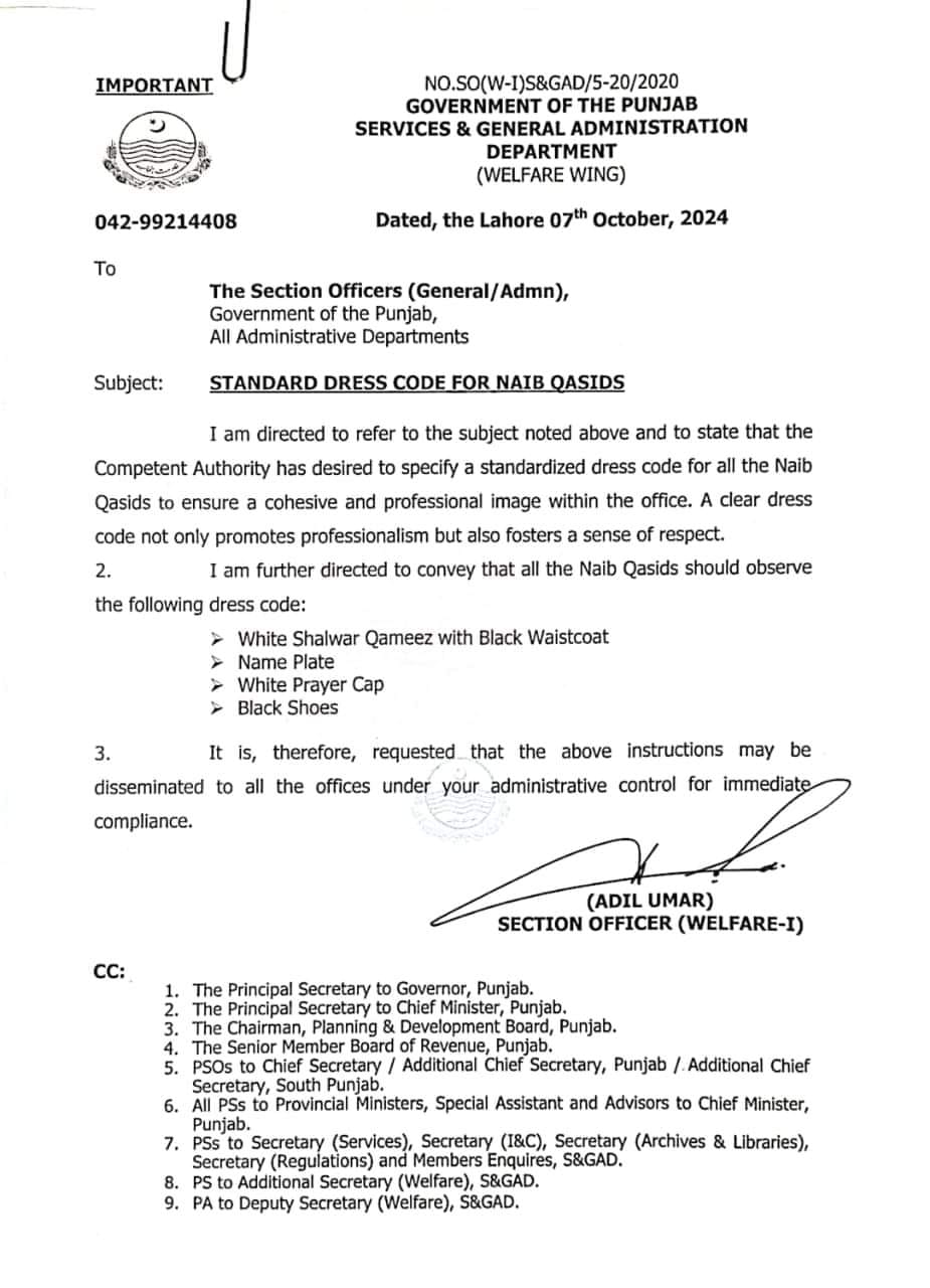 Notification Standard Dress Code for Naib Qasids 2024 S&GAD Punjab