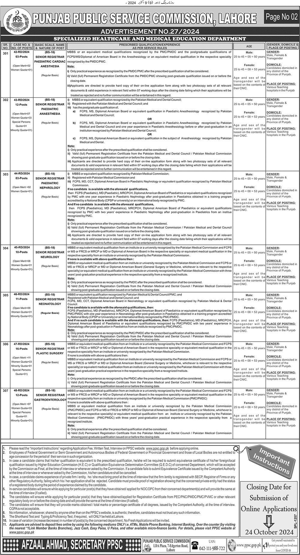 Punjab Public Service Commission (PPSC) Jobs Ad No. 27/2024 