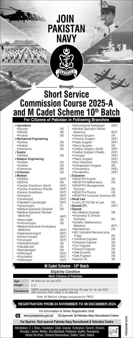 Join Pakistan Navy (Short Service Commission Course 2025-A & M Cadet Scheme 10th Batch